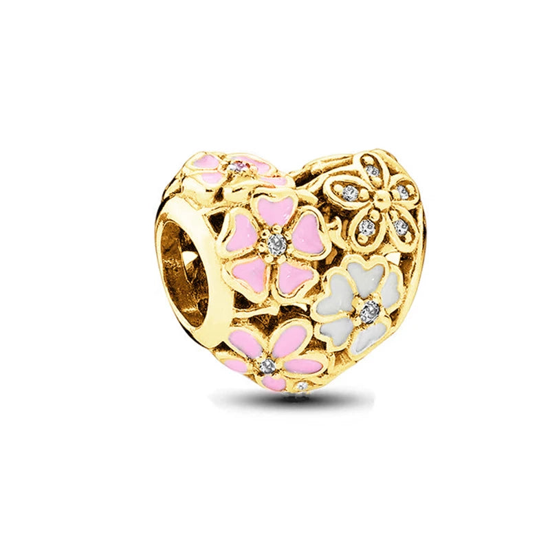 Sparkling Gold Plated Heart & Flower Clip Dangle Charm Beads | Fits Original Snake Bracelet & Necklace | DIY Jewelry Gift for Women