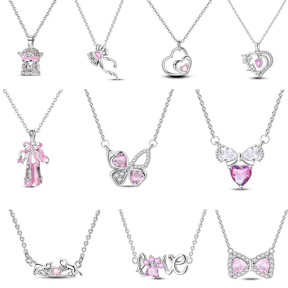 925 Sterling Silver Pink Heart & Infinity Necklace for Women Engagement Jewelry Gift