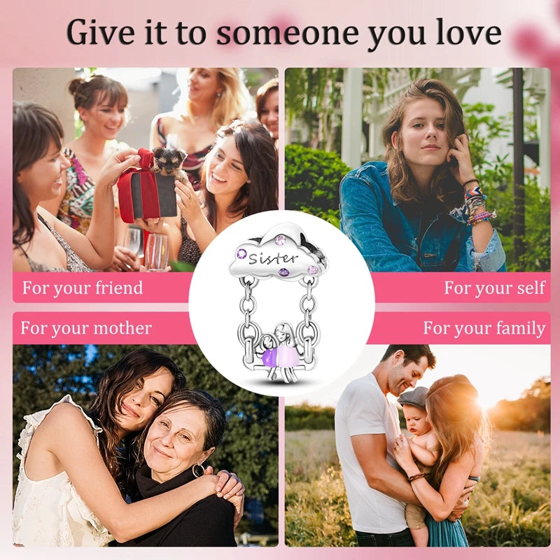 925 Sterling Silver Sisters Swing Charm – Friendship Bead Pendant Fit Pandora Bracelet & Necklace DIY Jewelry Gift