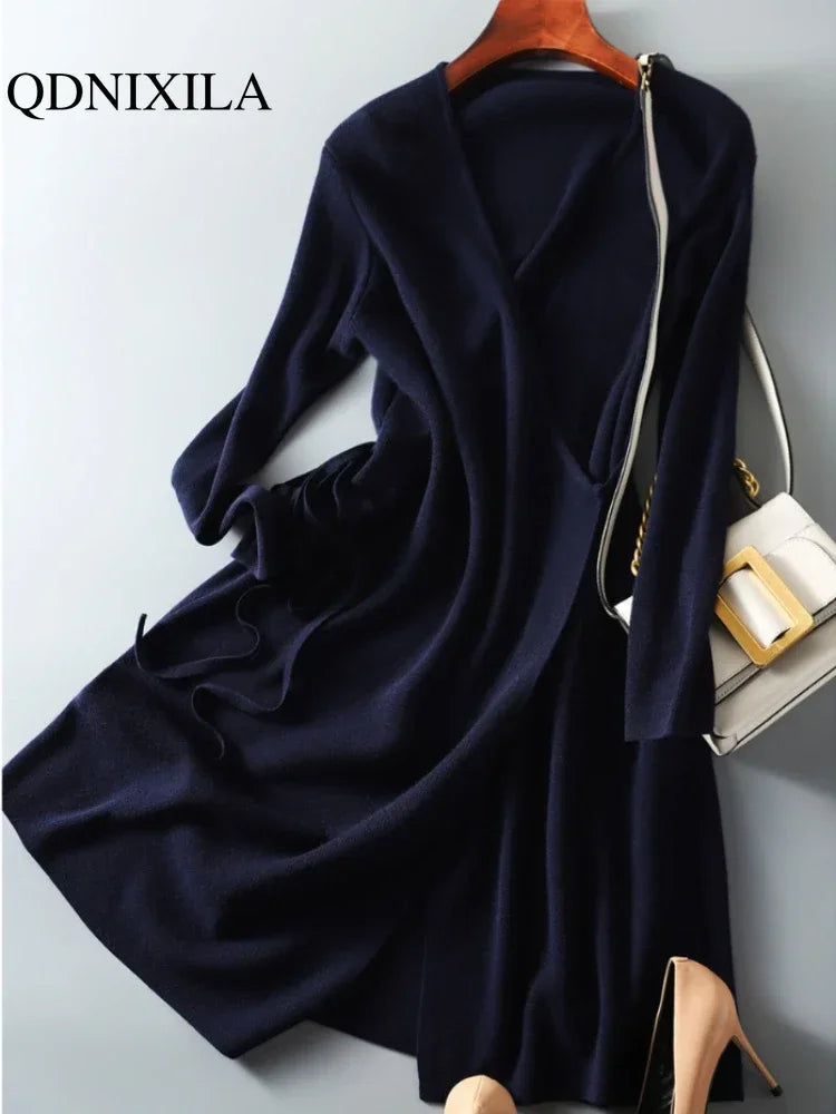 Autumn Winter Women’s Sweater Dress – V-Neck Wrap Knitted Skirt Korean Version Loose Elegant Dress