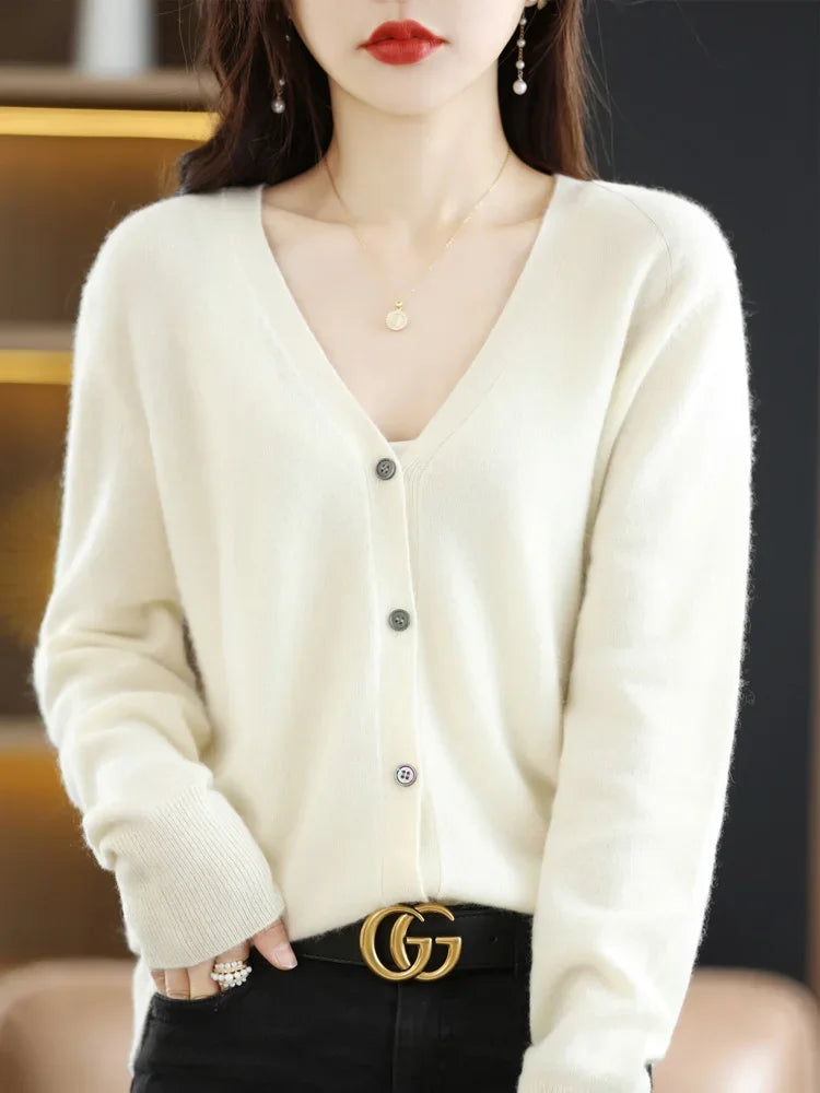 Women Cardigans V-Neck Long Sleeve Knitted Outerwear – Korean Fashion Solid Thin Spring Autumn Sweater