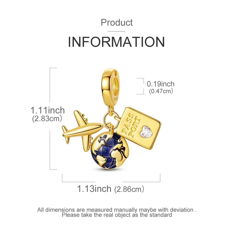 925 Sterling Silver Golden Charms Bow Cross Earth Passport Dangle | Fits Original Bracelet DIY Jewelry Gift for Women
