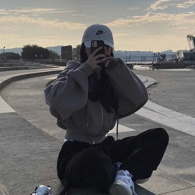 Women's Oversized Zip Up Hoodie | Retro Solid Color Sweatshirt | Autumn Harajuku Loose Short Jacket