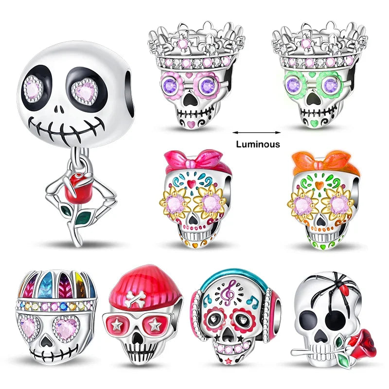 925 Sterling Silver Halloween Skull & Ghost Charms – Colored Beads Fit Original Pandora Bracelet DIY Jewelry Gift for Women