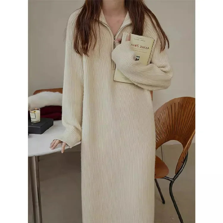 Plus Size Women's Knitted Midi Dress – Casual Loose Waist H-Shape Straight Tube Skirt, Long Sleeve Pure Color Polyester Fiber