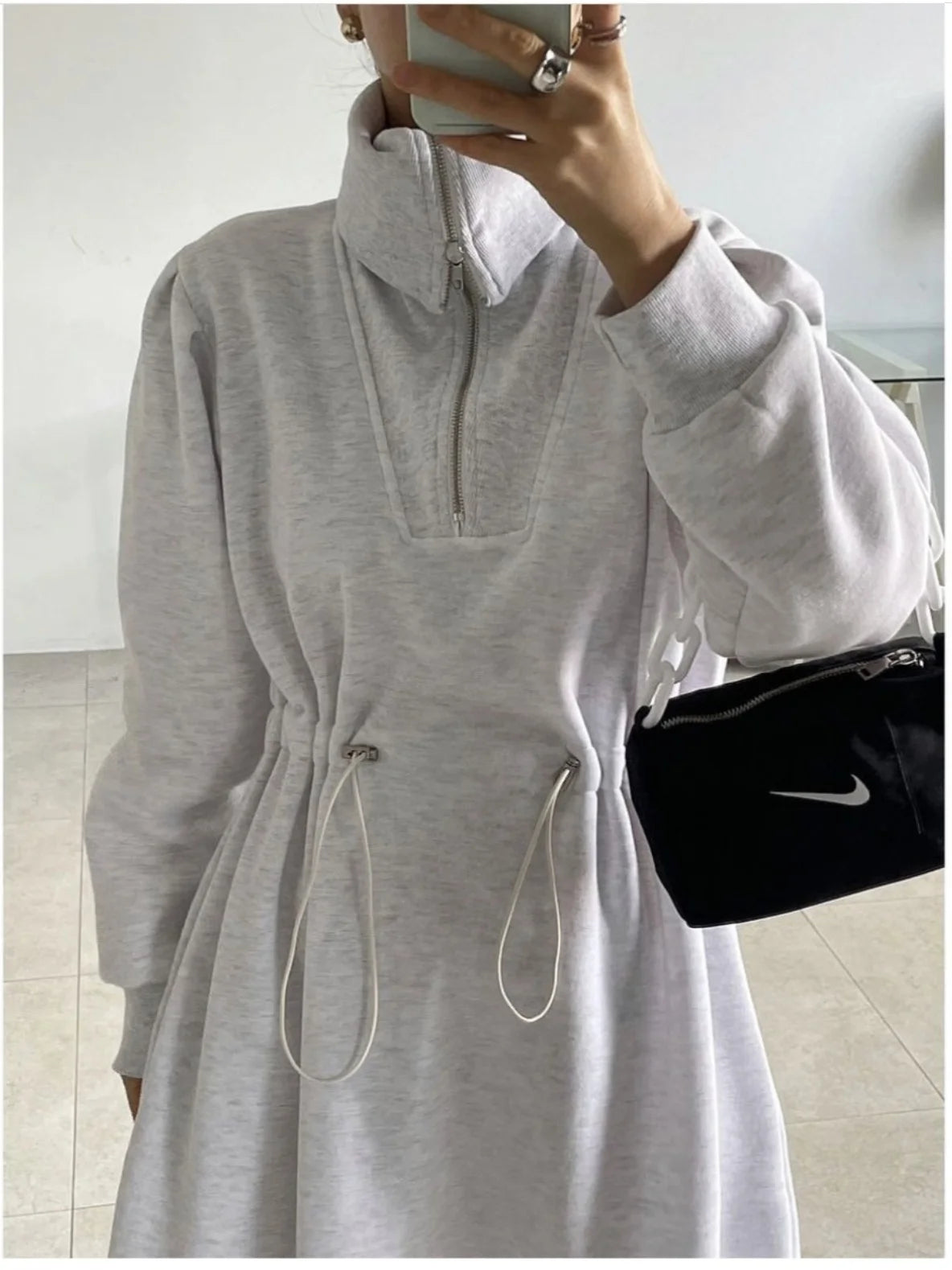 Chic Autumn Long Sve Dstring Waist Slim A-Line Dr Hoodie Women's Faionable Youthful f Open Collar Dr