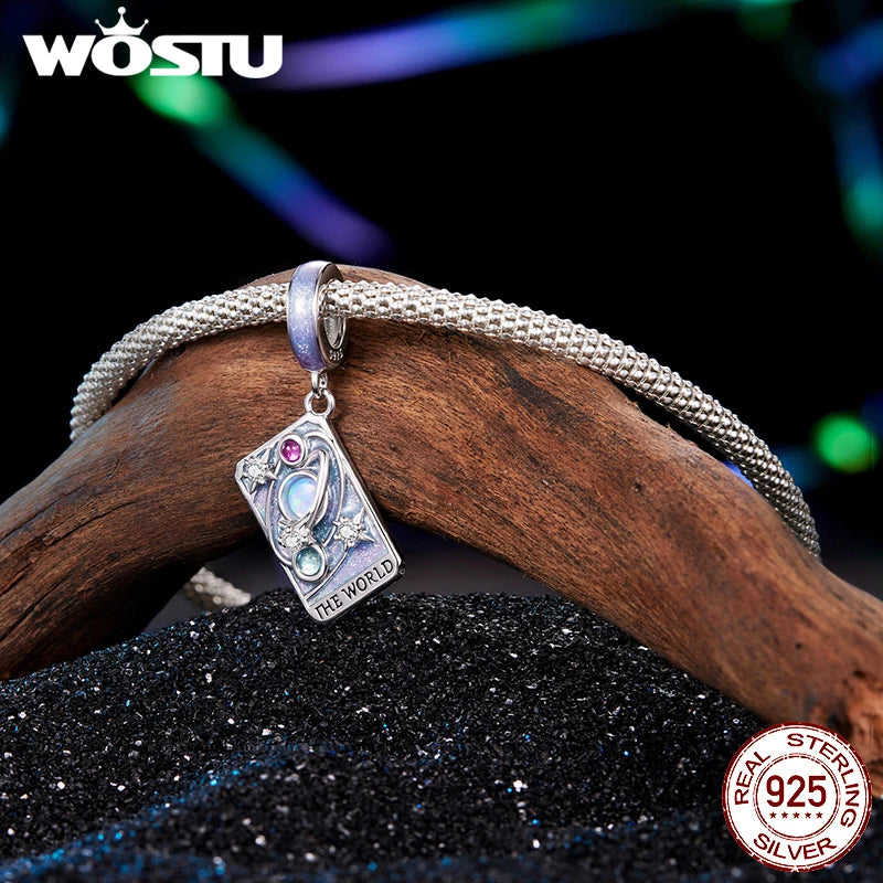 WOSTU 925 Sterling Silver Tarot Card Charm | The World Rainbow Bead Pendant for Women – DIY Bracelet & Jewelry Making