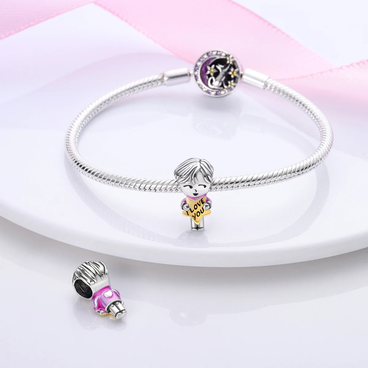 Silver Plated Colorful Glowing Moon & Stars Rainbow Dangle Charms | Fit Original Bracelet & Necklace | Women’s Jewelry Beads