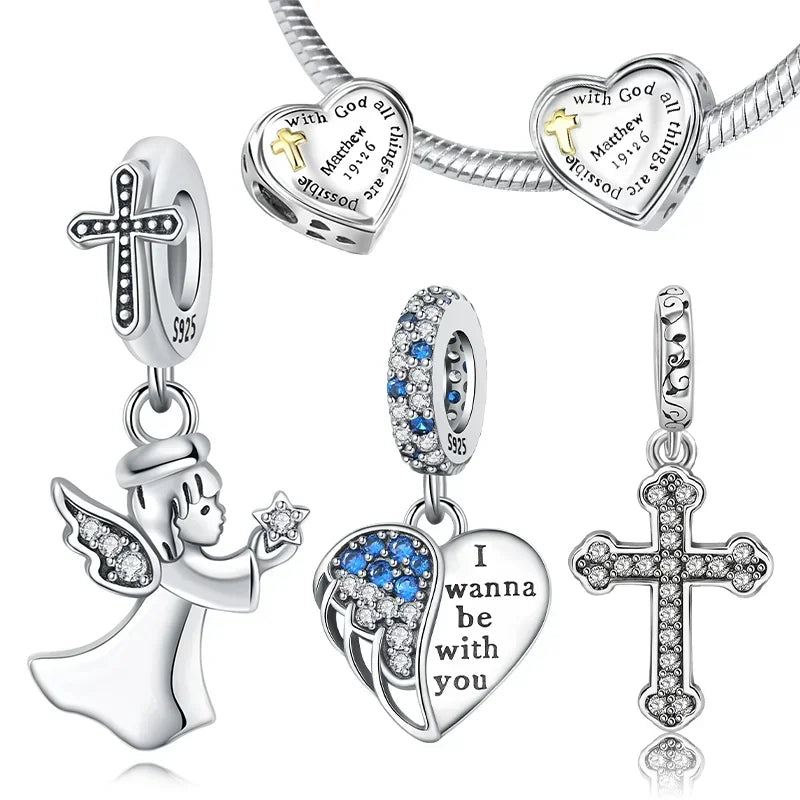 925 Sterling Silver Angel Cross Heart Charms | Fit Pandora Bracelet | Women’s DIY Jewelry Gift