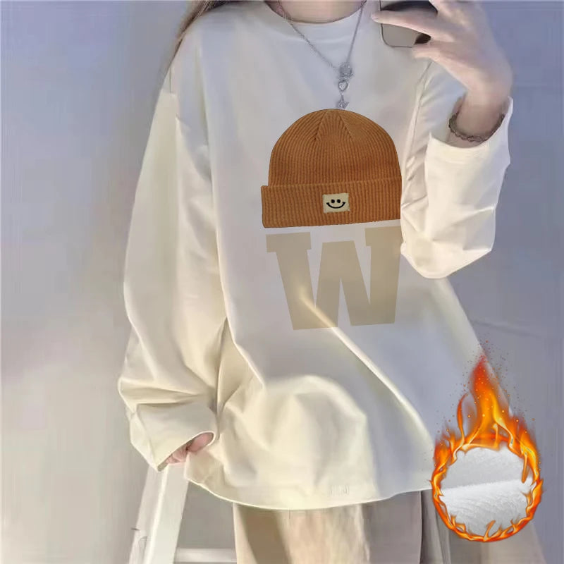 White Fleece-Lined Loose Long Sleeve Women’s T-Shirt – Slimming Base Layer Korean Style Commute Top