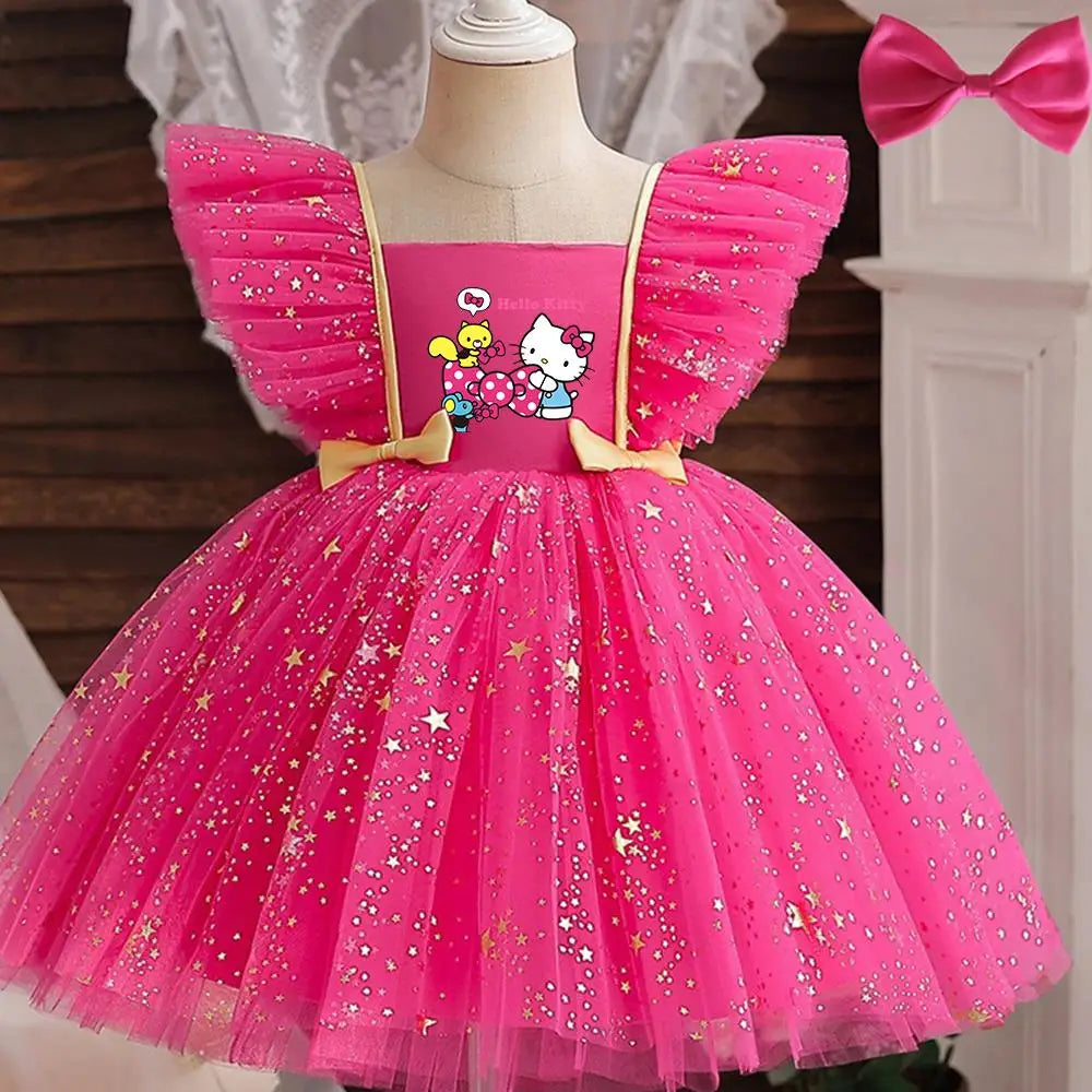 Hello Kitty Girl Party Dress Christmas Birthday School Holiday High Waist Tulle Dress Bow Wedding Gown Kids Wear Princess Dress
