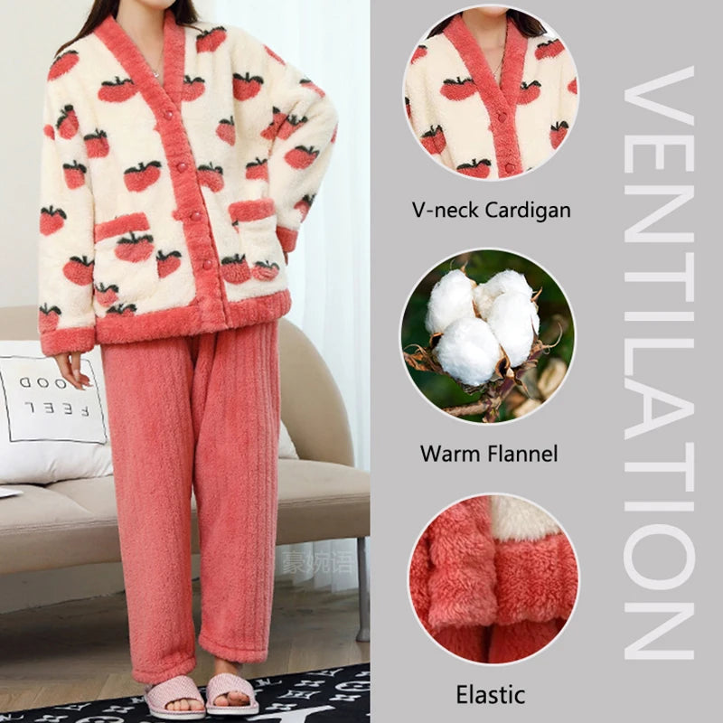 ❄️ Padded Coral Velvet Women’s Pajama Set 🌸 Thickened Warm Flannel Loungewear 🛌 Winter Sleepwear Two-Piece Homewear