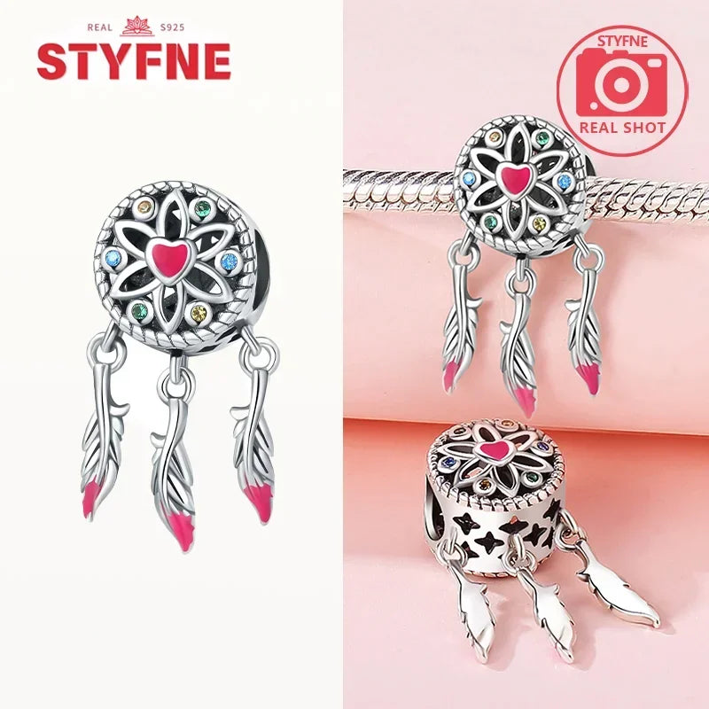 925 Sterling Silver Colorful Zircon Heart Dreamcatcher Charm – Feather Beads Fit Original Pandora Bracelet DIY Jewelry Gift for Women