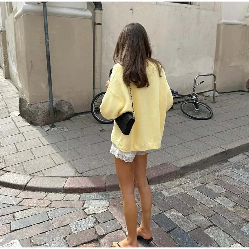2025 Women’s Oversize Knitted Top | Full Sleeve Round Neck Pleated Loose Sweater | Autumn Daily Streetwear