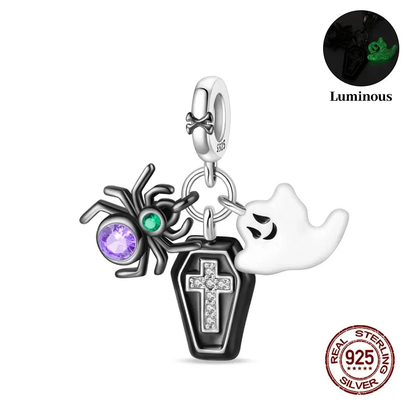 925 Sterling Silver Halloween Luminous Skull & Pumpkin Charms | Fits Original Pandora Bracelet | Party DIY Jewelry Gift