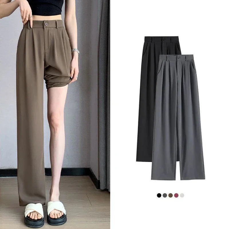 Women’s Classic Straight-Leg Suit Pants | Korean Casual Baggy Slacks | Elegant Long Trousers for Ladies