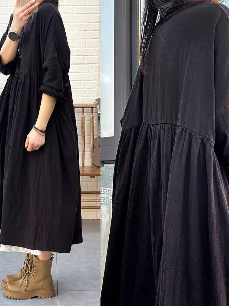 Retro Red Long Dress for Women | Loose High Waist Vintage Doll Style Skirt | Autumn Spring Casual Fashion Dress