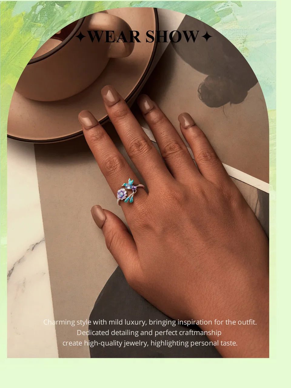 BISAER 925 Sterling Silver Floral Bird Open Ring | Adjustable White Gold Plated Flower Band for Women – Fine Party Jewelry