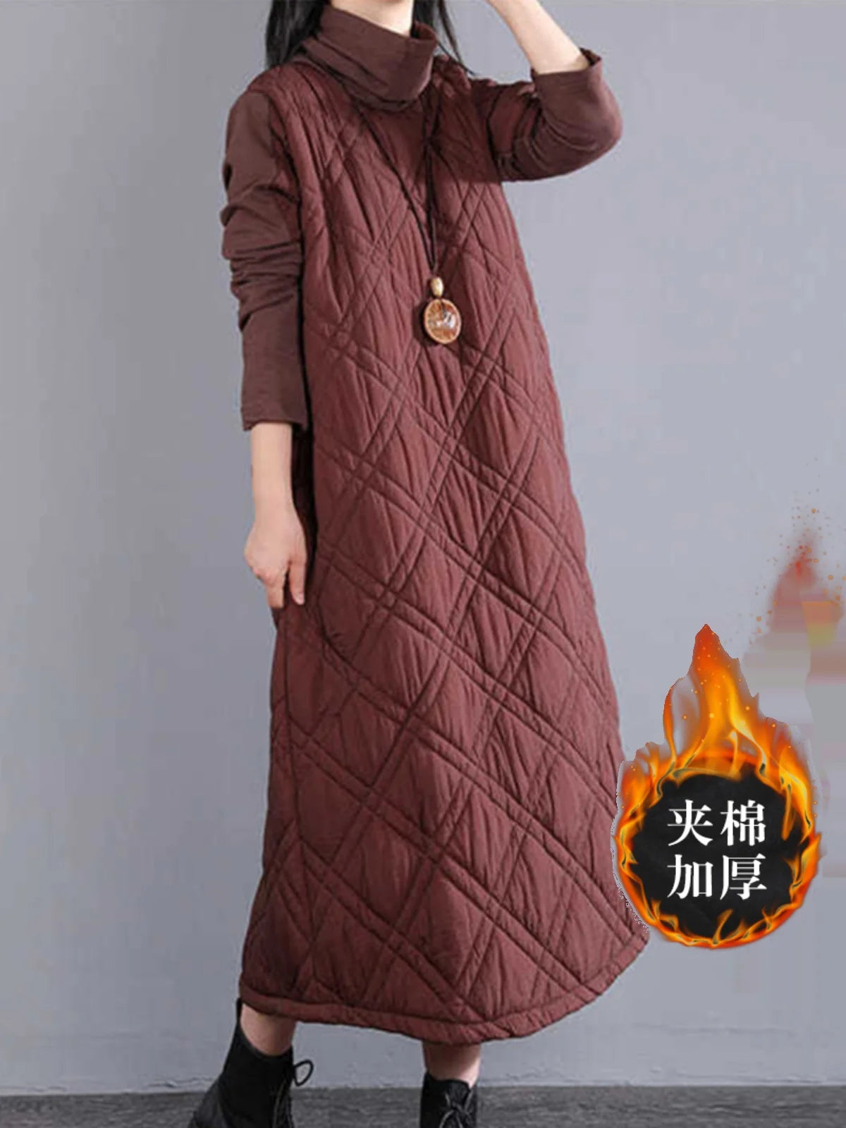 Retro High Collar Cotton Blend Long Dress for Women – Loose Fit Thickened A-Line Skirt for Autumn Winter Casual Wear