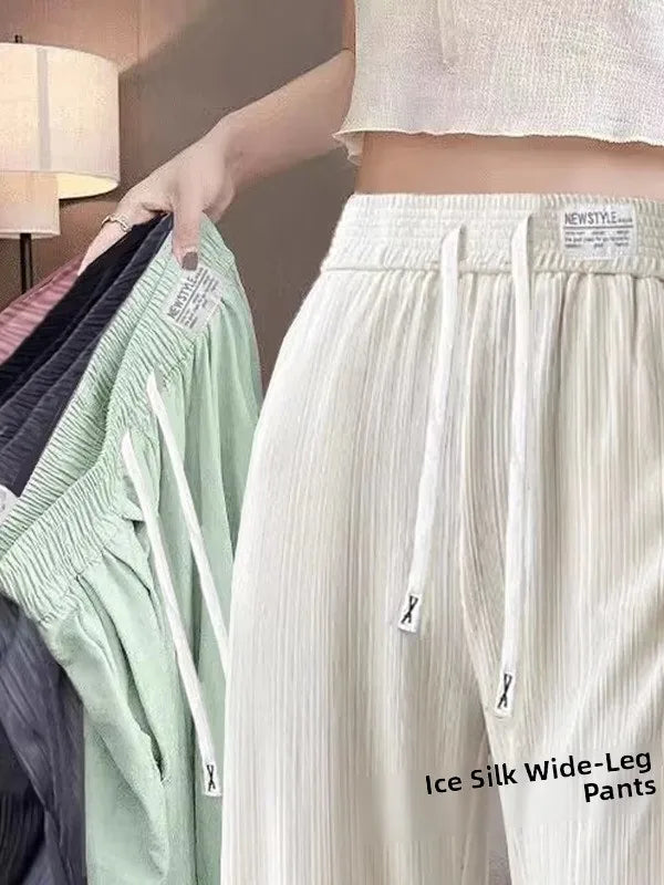 New 2025 Women’s Ice Silk Wide Leg Pants – High Waist Loose Thin Straight Casual Korean Trousers