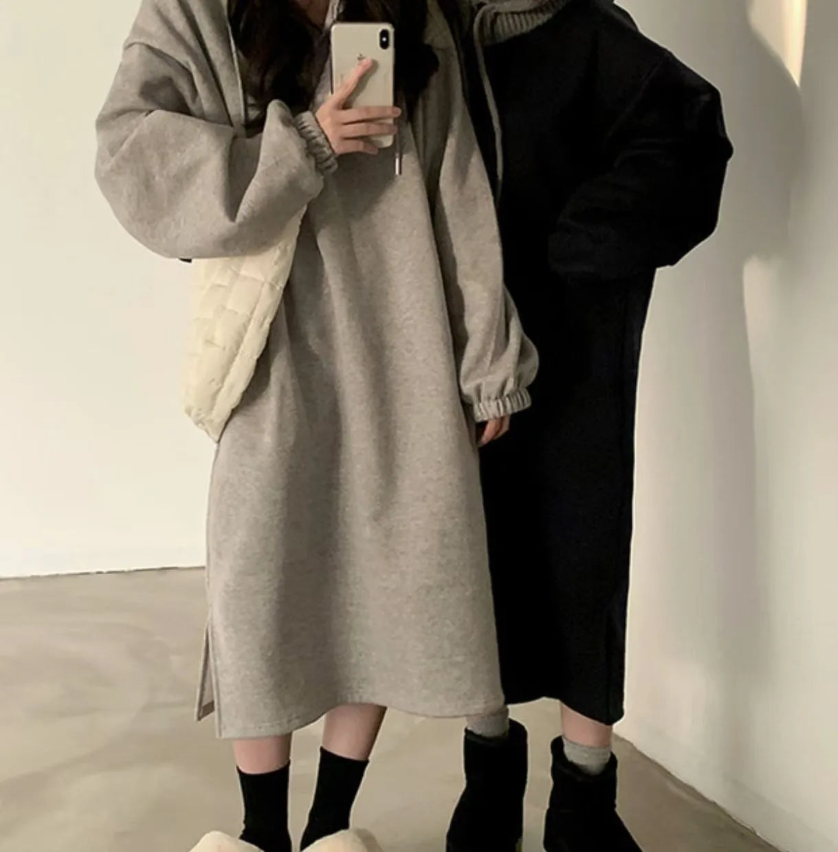 Chic Winter College Long Hoodie Dress ❄️ Lazy Fleece A-Line Side Slit Dress 👗 Pure Color Polyester Fiber 🧵
