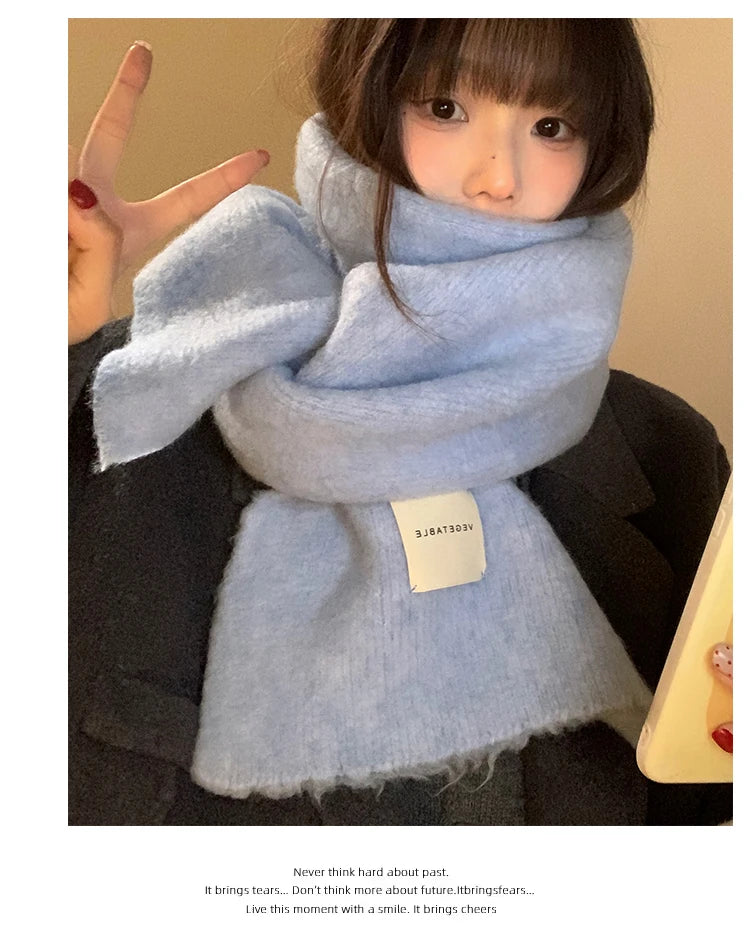 Warm Wool Blend Blue Knitted Scarf – Women’s Korean Style Winter Neck Warmer | Long Rectangle Color Scarf