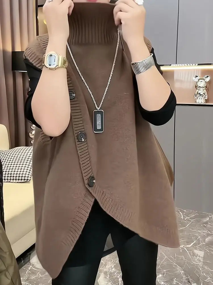 Women’s Sleeveless Long Sweater Vest | Vintage Irregular Spliced Button Knitwear | Elegant Turtleneck Loose Pullover