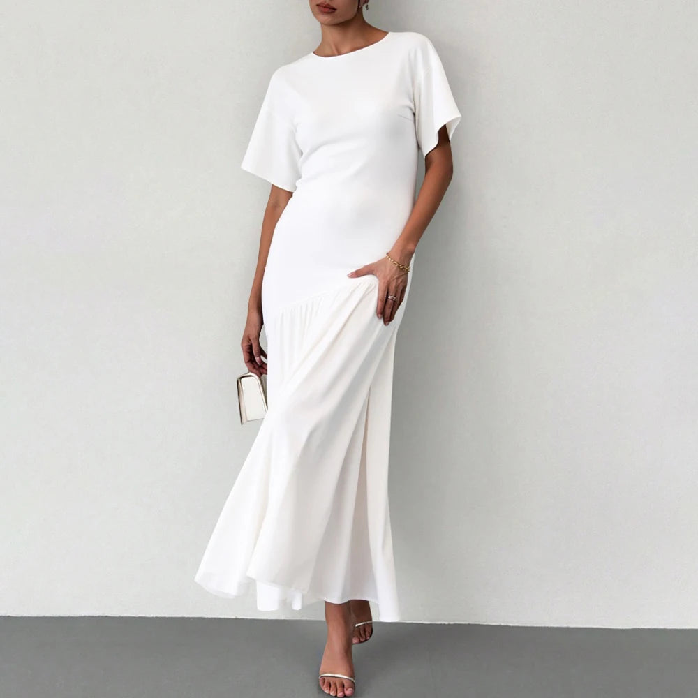 2025 Women's Evening Dress 👗 Must-Have White Maxi Gown 🌟 Short Sleeve Round Neck Lettuce Trim Elegant Party Dress ✨