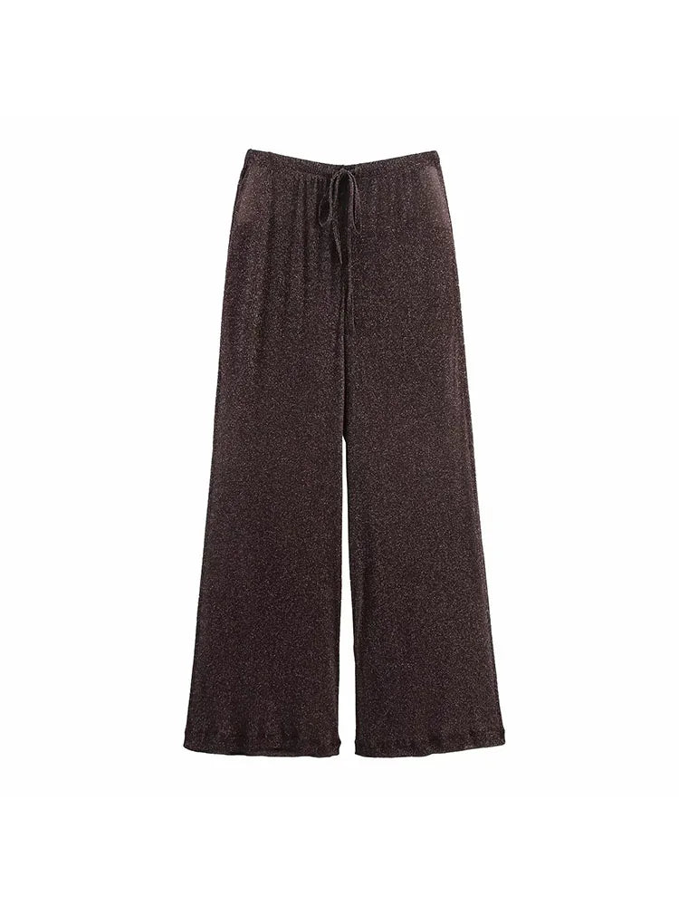 Vintage Brown Women’s Outfit – Asymmetrical Cold Shoulder Top & Wide Leg Shawl Pants 2025 Autumn Set 🍂✨