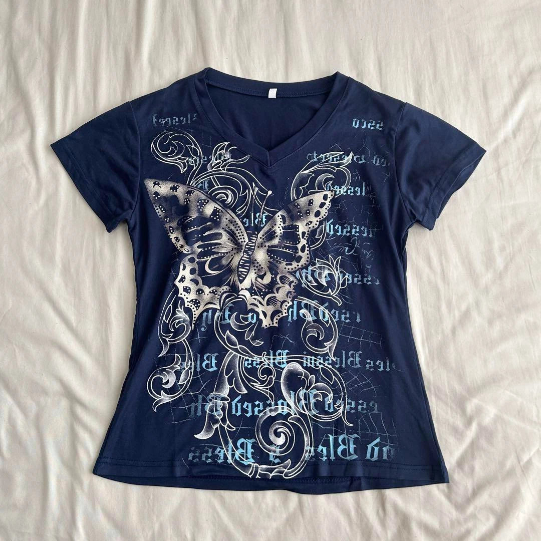 Harajuku Fairy Cropped Butterfly Printing T Shirts Vintage Grunge Streetwear Tops Women Summer Y2k Aesthetic Casual Crop Shirts