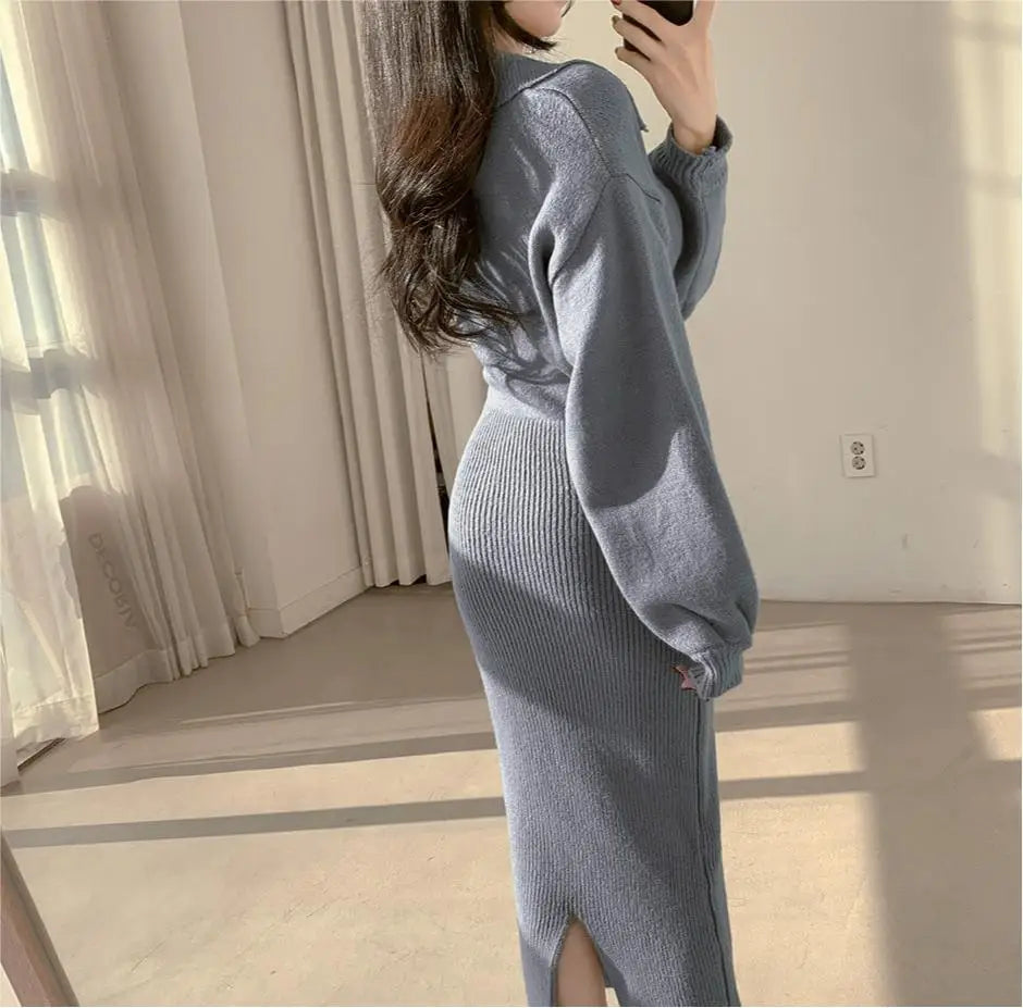 Elegant Neck Knitted Bodycon Dress for Women – Soft Autumn Winter Long Sleeve Casual Comfortable Fashion Dress