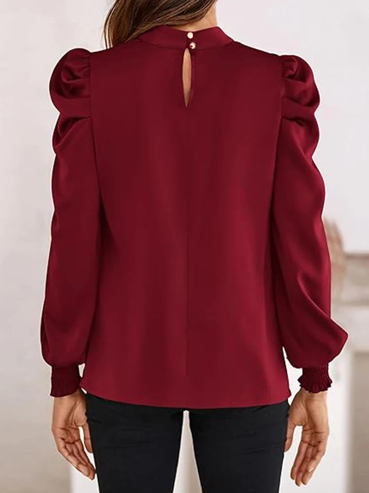 Women’s Satin Puff Sleeve Shirt – Retro Elegant Long Sleeve Turtleneck Top 👚✨