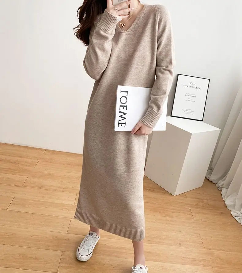 Ladies’ Knitted V-Neck Dress – Loose Fit Base Layer Skirt, Casual Straight Tube Korean Style Autumn Winter Dress