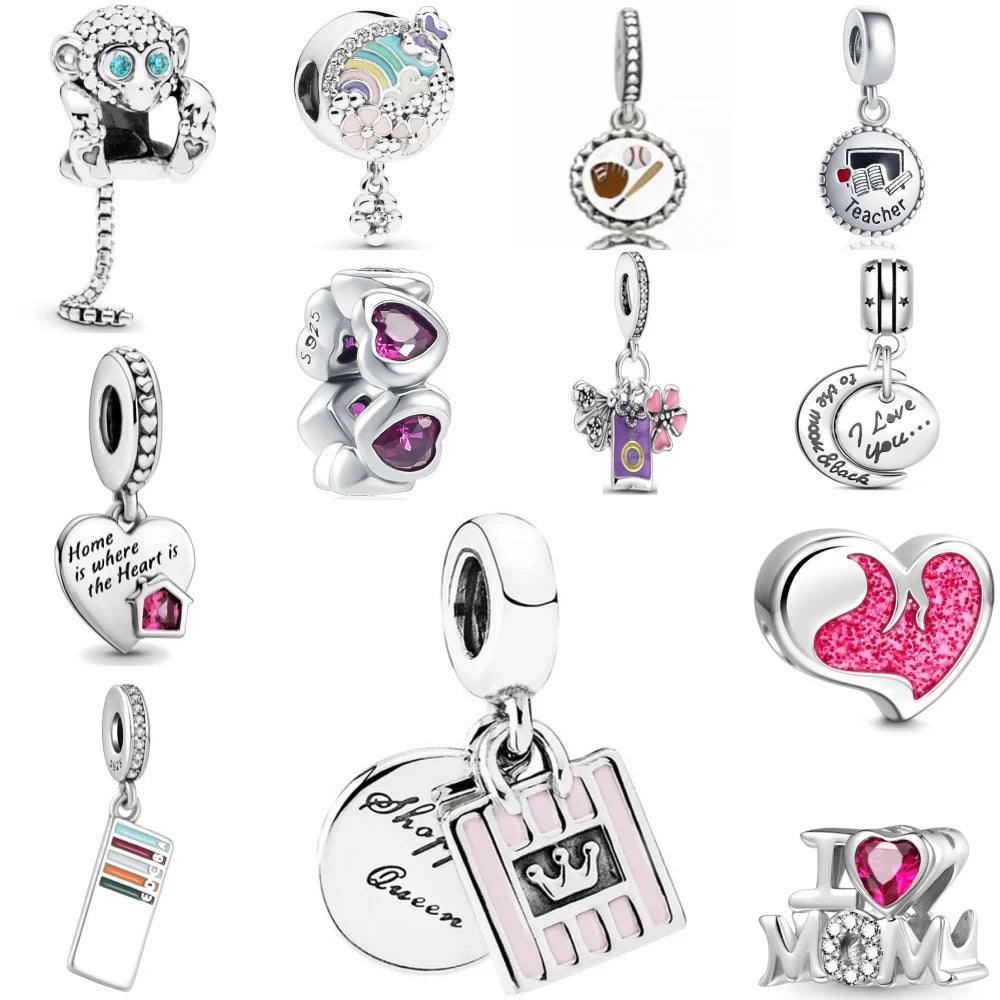 925 Sterling Silver Monkey, Dog Paw & Heart Mom Charm | Fits Original European Bracelet DIY Jewelry Gift