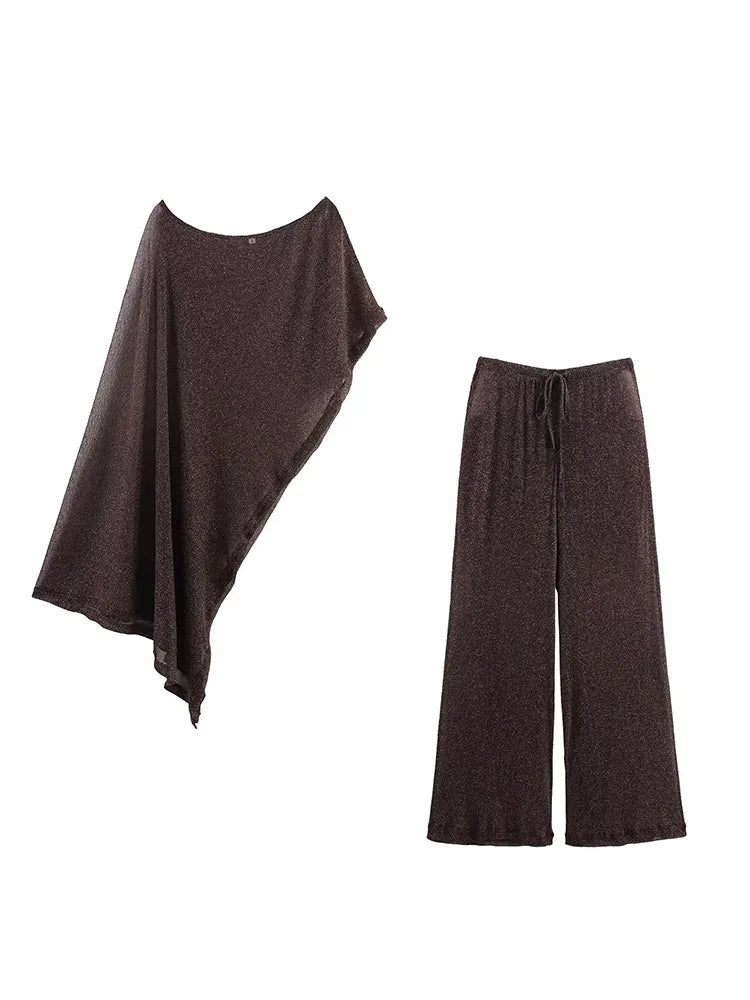 Vintage Brown Women’s Outfit – Asymmetrical Cold Shoulder Top & Wide Leg Shawl Pants 2025 Autumn Set 🍂✨