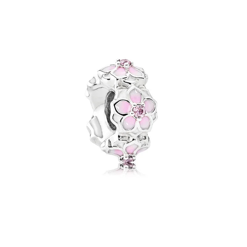 Romantic Pink Flowers 925 Sterling Silver Charms | Bag Lipstick Heart Bow Rose Bead Fit Original Bracelet DIY Jewelry Gift