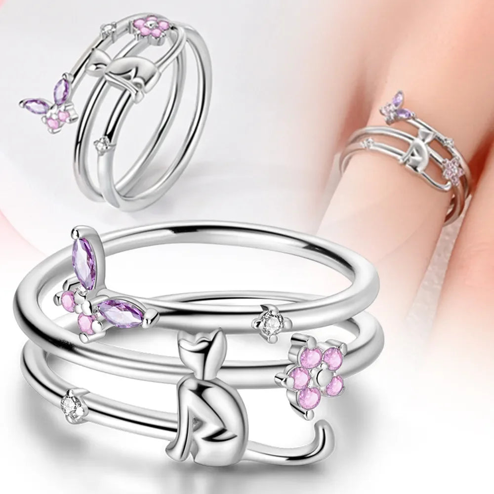 Real S925 Sterling Silver Cat Pink Ring | Adorable Women’s Fine Jewelry Gift for Teen Girls & Valentine’s Day