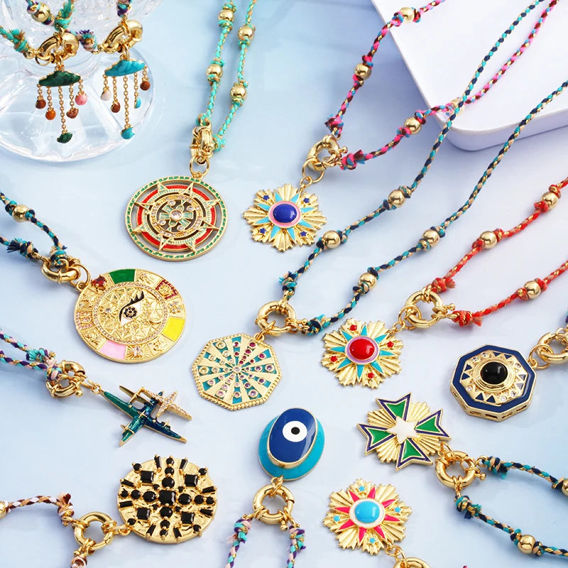 Star Celestial Evil Eye Beaded Necklace Boho Long Knot Cotton Cord Jewelry