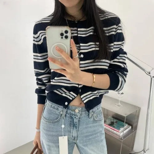 Women's Striped Knitted Cardigan | Chic Spring Button-Up Sweater | Soft Classic Open Front Knitwear