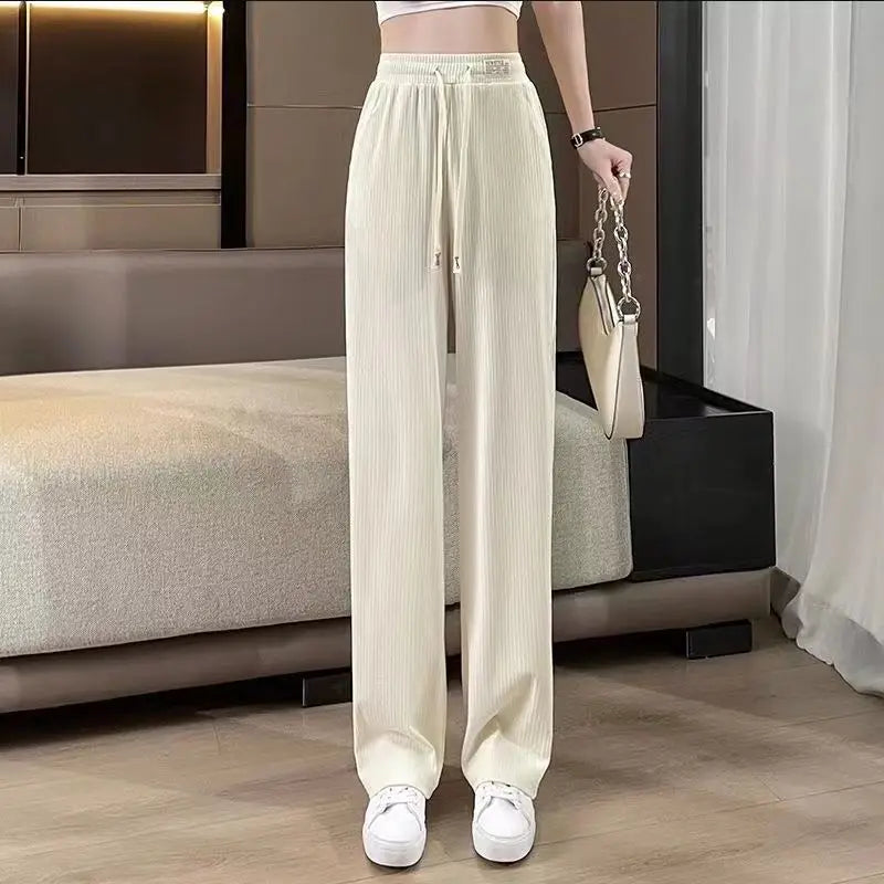 New 2025 Women’s Ice Silk Wide Leg Pants – High Waist Loose Thin Straight Casual Korean Trousers