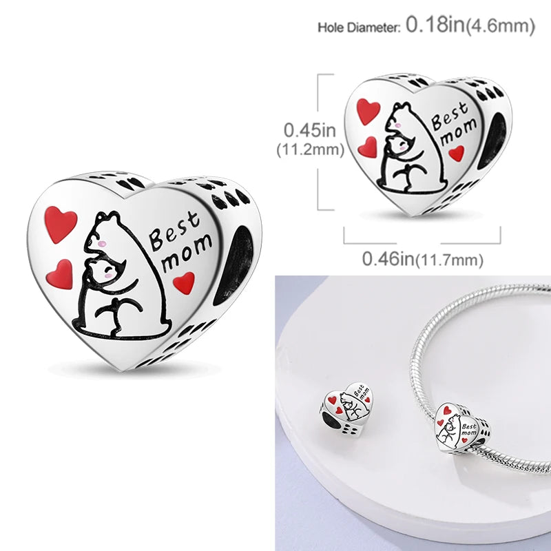 925 Sterling Silver Heart Shaped Warm Family Charm Beads Butterfly Flower Pendant