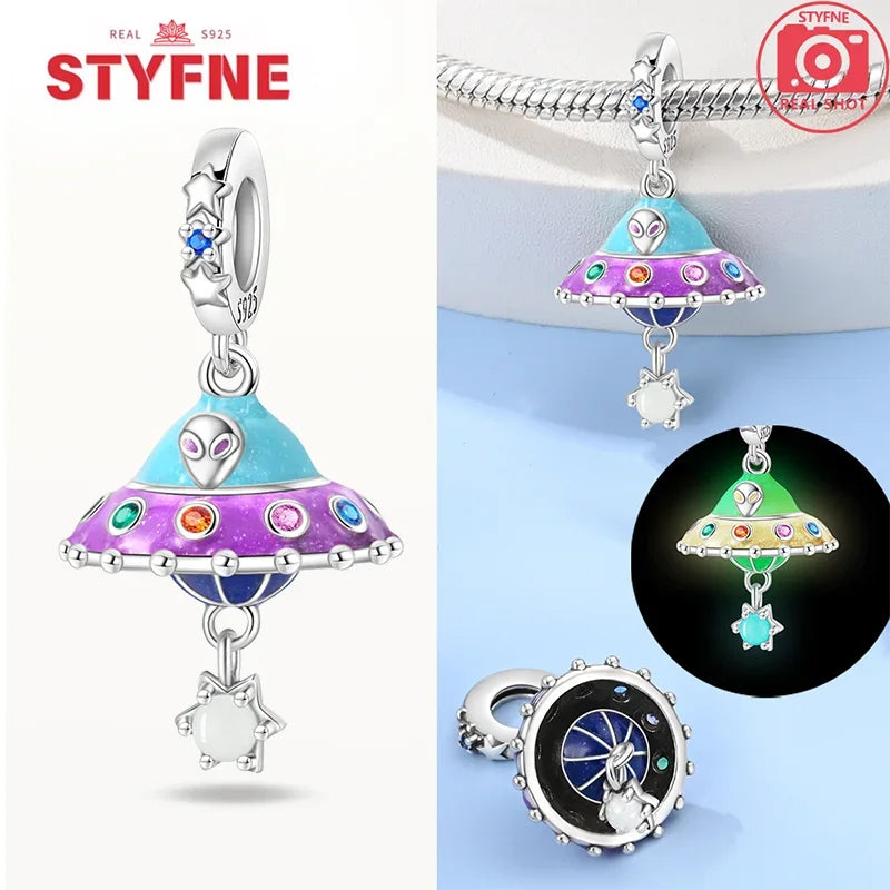 925 Sterling Silver Luminous Rabbit Astronaut Spaceship Charm – Fits Original Bracelet DIY Jewelry Gift for Women