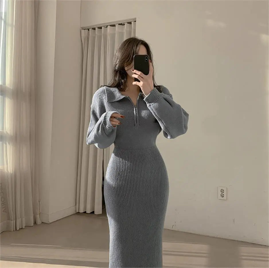 Elegant V-Neck Knitted Dress – Women's Autumn Winter High Waist A-Line Long Skirt, Soft Wrap Body Korean Style