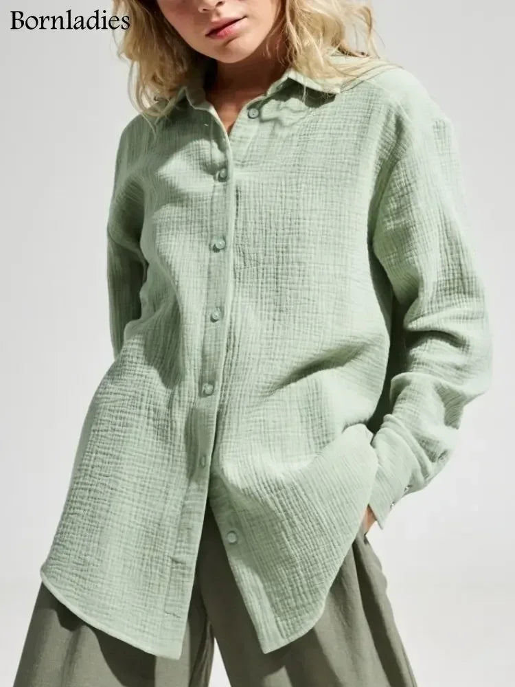 Bornladies 2025 Women’s Cotton Shirt – Solid Long Sleeve Loose Office Top 👚☀️