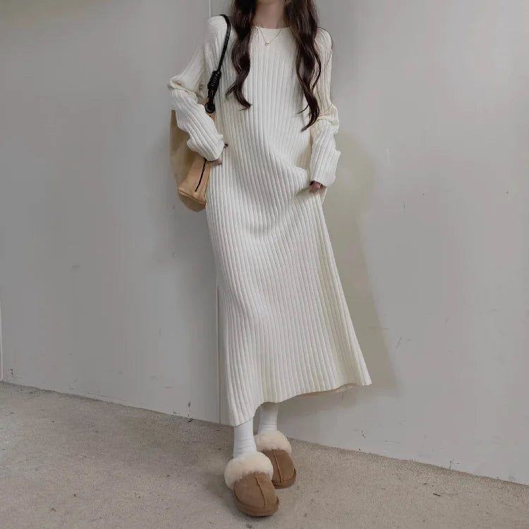 Plus Size Women’s Mid-Length Dress – Casual Round Neck Long Sleeve A-Line H-Line Skirt for Autumn Winter
