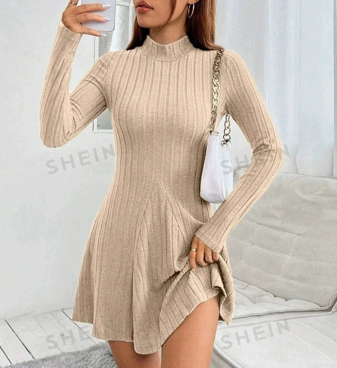 Women’s Slim Fit Half High Collar Dress – Waist Cinched A-Line Pit Stripe Long Sleeve Elegant Autumn Winter Dress