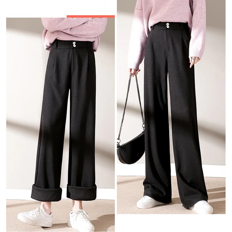 2024 Autumn Winter Women’s Woolen Wide Leg Pants – High Waist Thick Draping Trousers