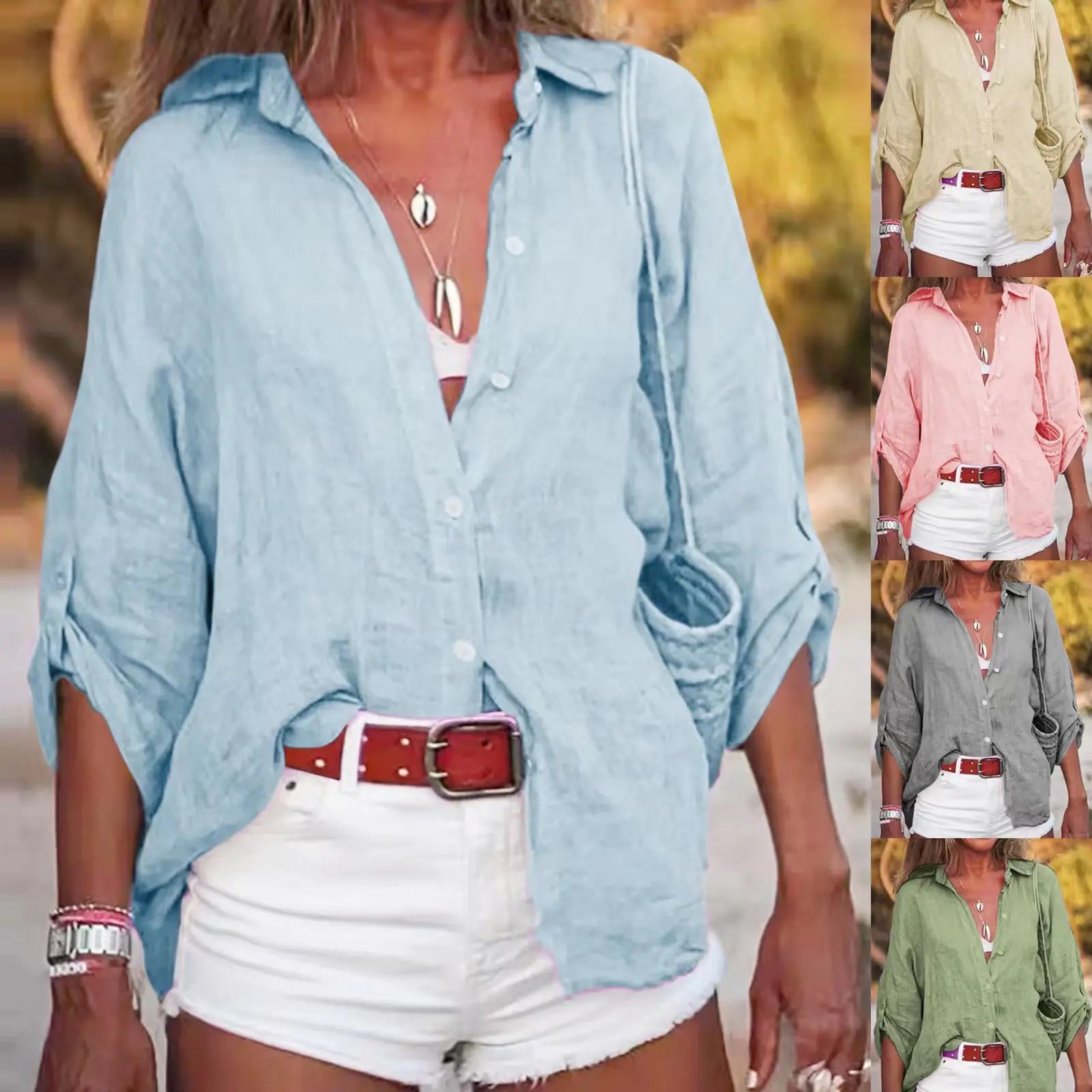 Women’s Solid Color Loose Seven-Quarter Sleeve Shirt – Cross-Border Europe & USA 2025 Fashion