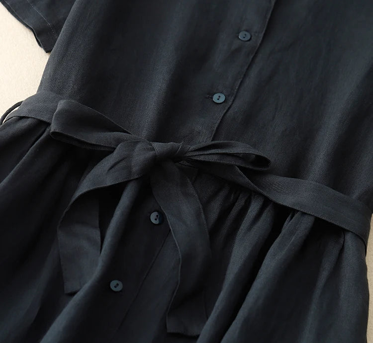 Pure Linen Shirt Dress – Women's Summer Lightweight Breathable Long Dress, Loose Plus Size with Slimming Belt