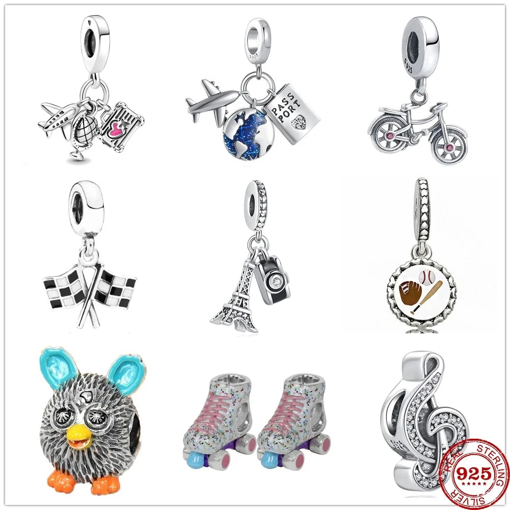 925 Sterling Silver Travel Charms – Plane, Passport, Bicycle, Camera & Skates Beads Fit Pandora Bracelet DIY Women’s Jewelry
